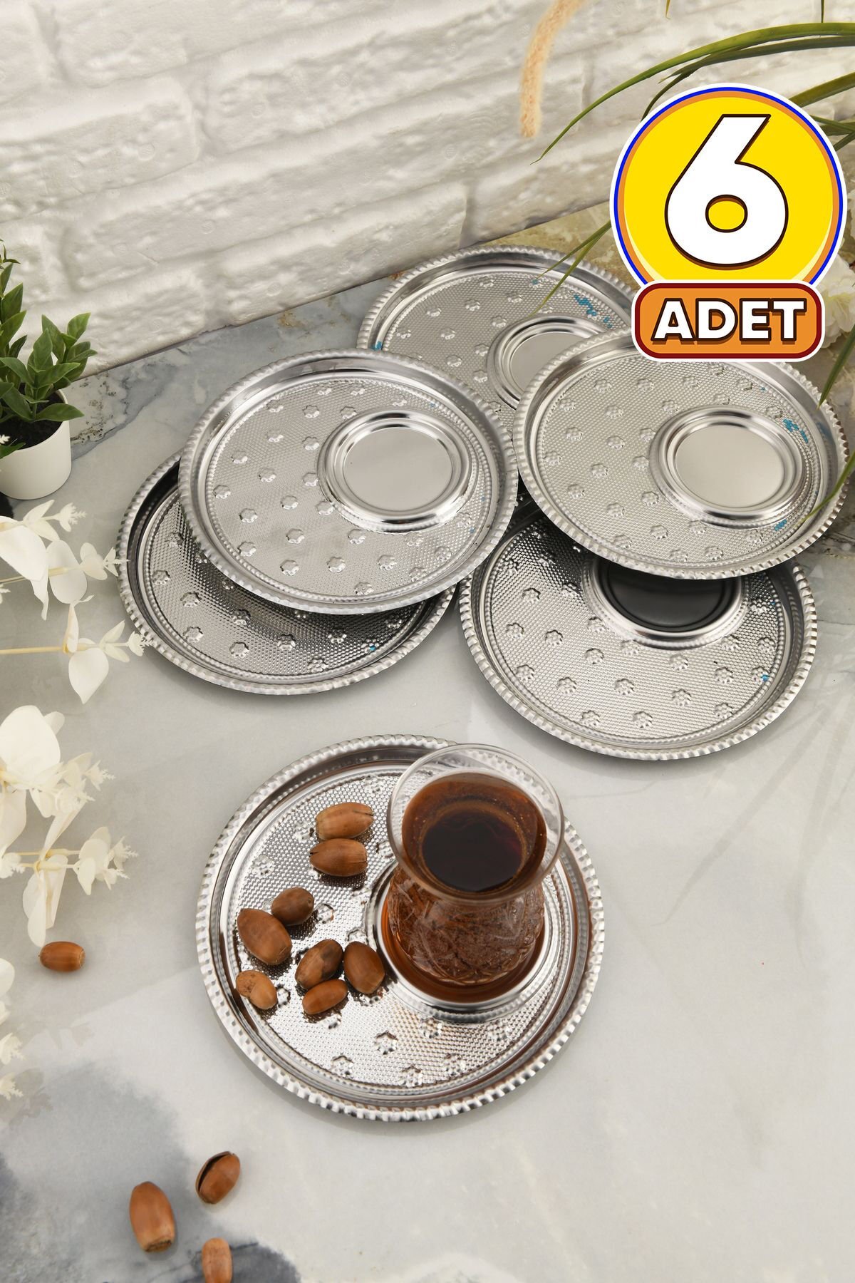 Taval 6 Lı Takım Desenli Yuvarlak Çay Ve Kahve Keyif Sunum Tepsisi Gümüş
