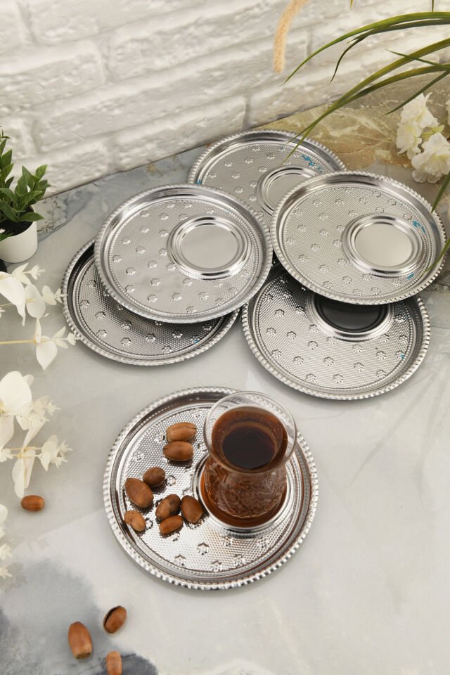 Taval 6 Lı Takım Desenli Yuvarlak Çay Ve Kahve Keyif Sunum Tepsisi Gümüş