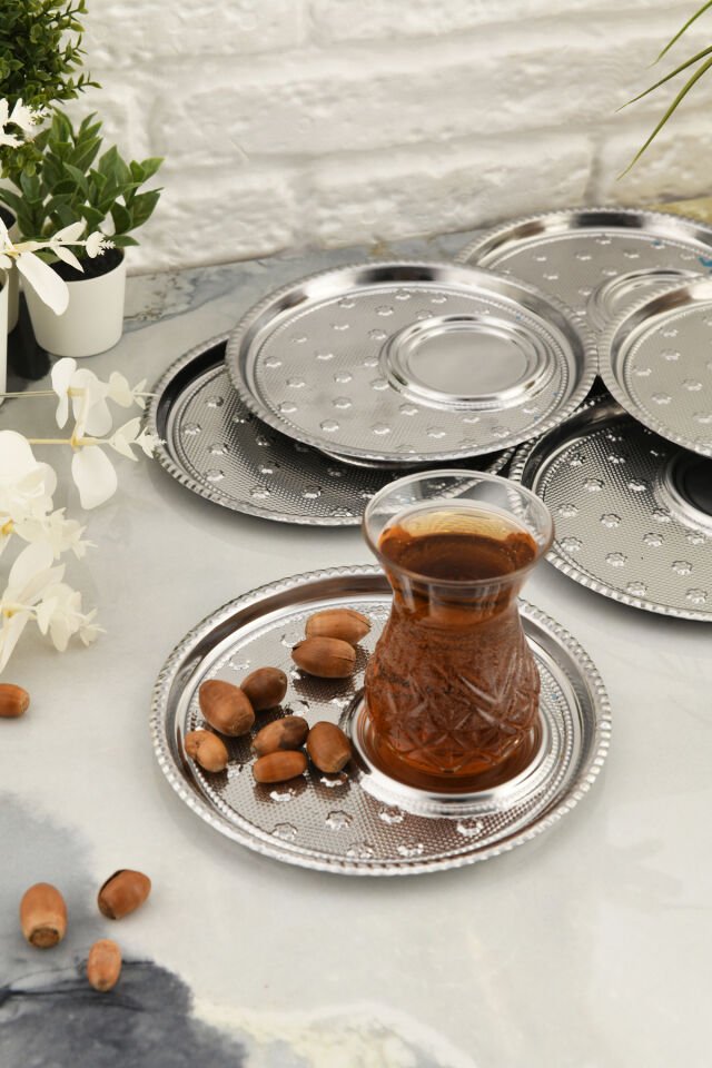 Taval 6 Lı Takım Desenli Yuvarlak Çay Ve Kahve Keyif Sunum Tepsisi Gümüş