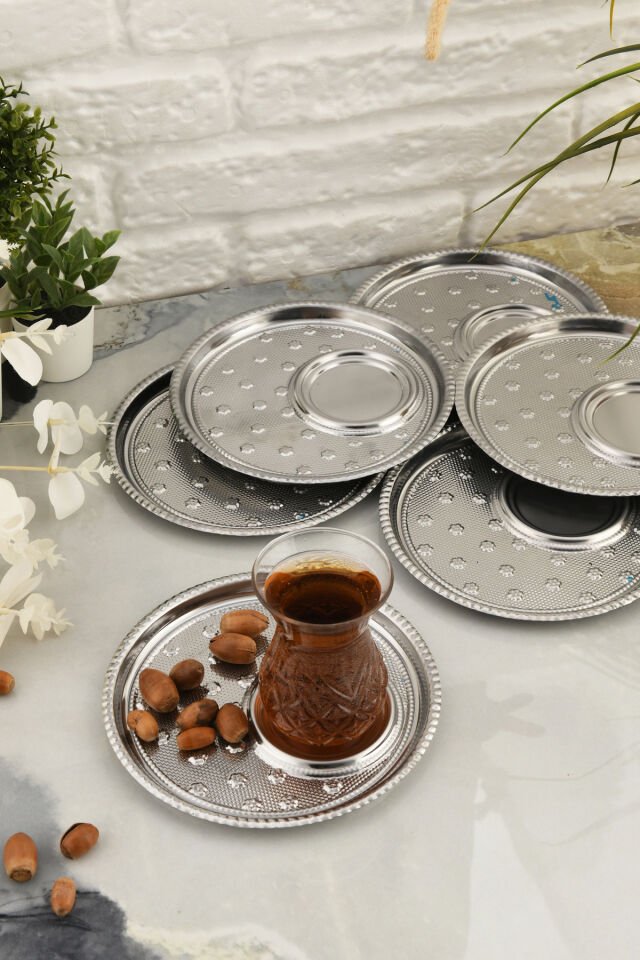 Taval 6 Lı Takım Desenli Yuvarlak Çay Ve Kahve Keyif Sunum Tepsisi Gümüş
