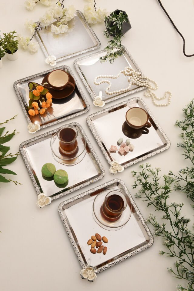 Argento paslanmaz gümüş taşlı kare desenli 6'lı sunum tepsisi