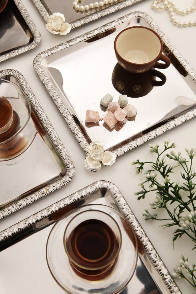 Argento paslanmaz gümüş taşlı kare desenli 6'lı sunum tepsisi