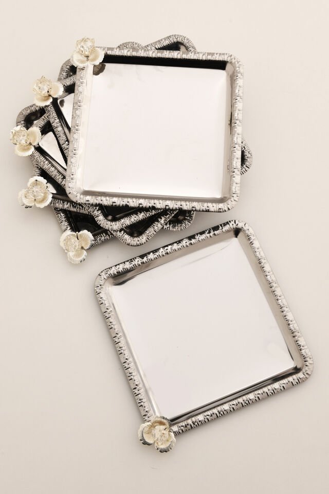 Argento paslanmaz gümüş taşlı kare desenli 6'lı sunum tepsisi