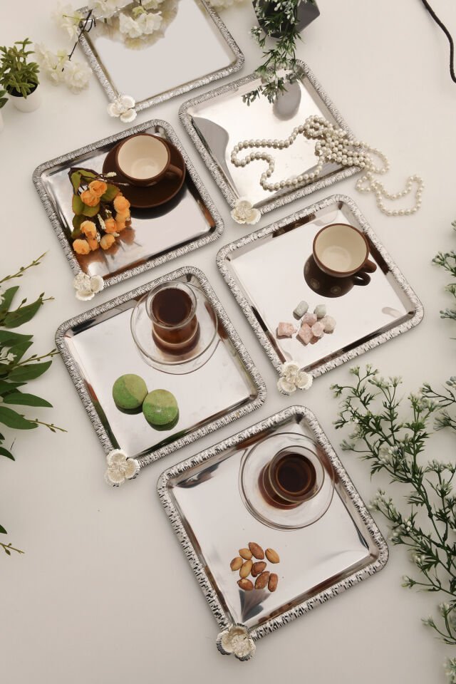 Argento paslanmaz gümüş taşlı kare desenli 6'lı sunum tepsisi