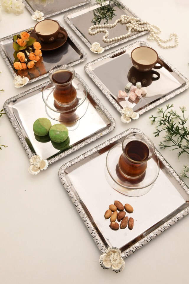 Argento paslanmaz gümüş taşlı kare desenli 6'lı sunum tepsisi