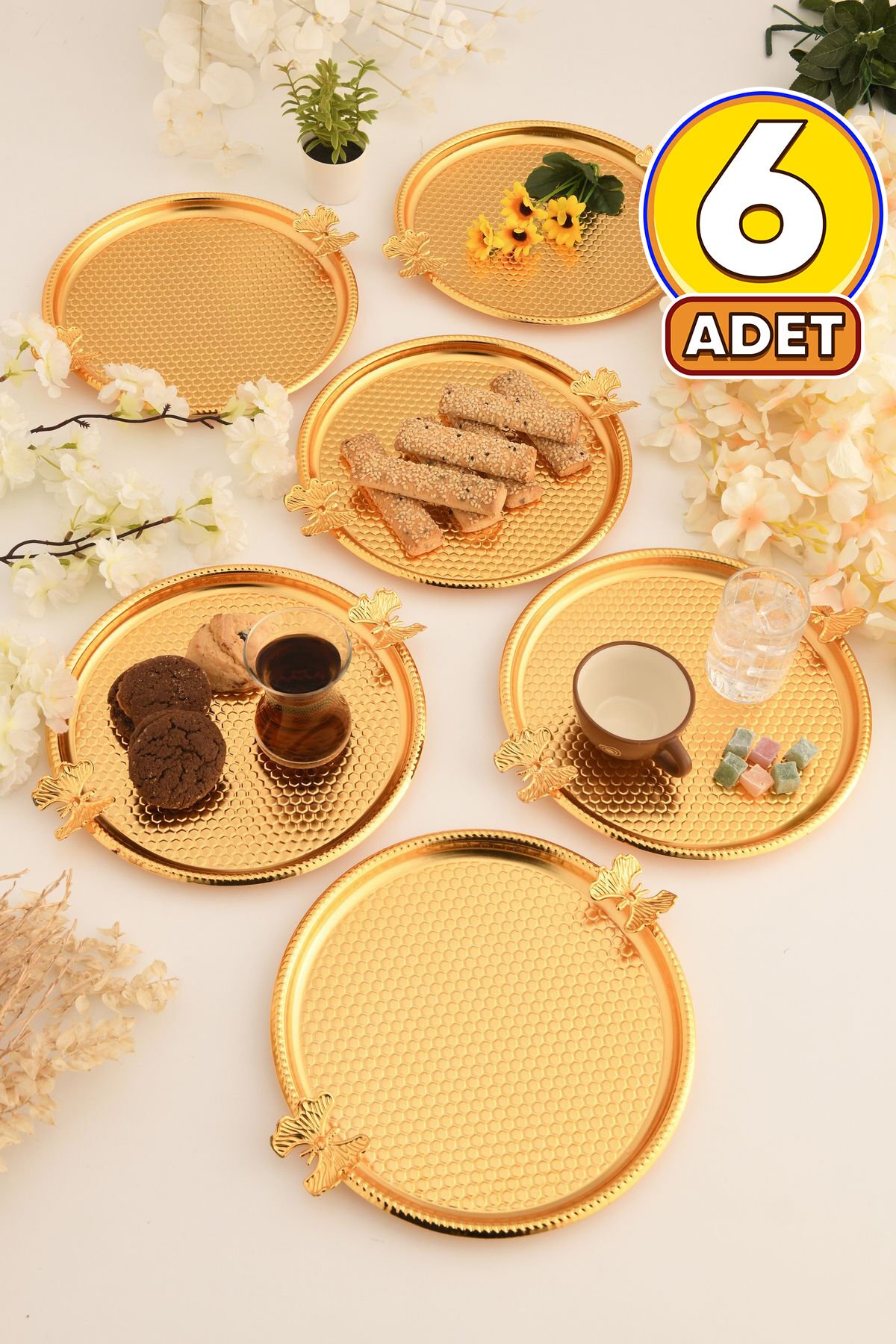Iren Yuvarlak Petek Model Kelebek Detaylı Sunum Tepsisi Gold 6 Lı Takım