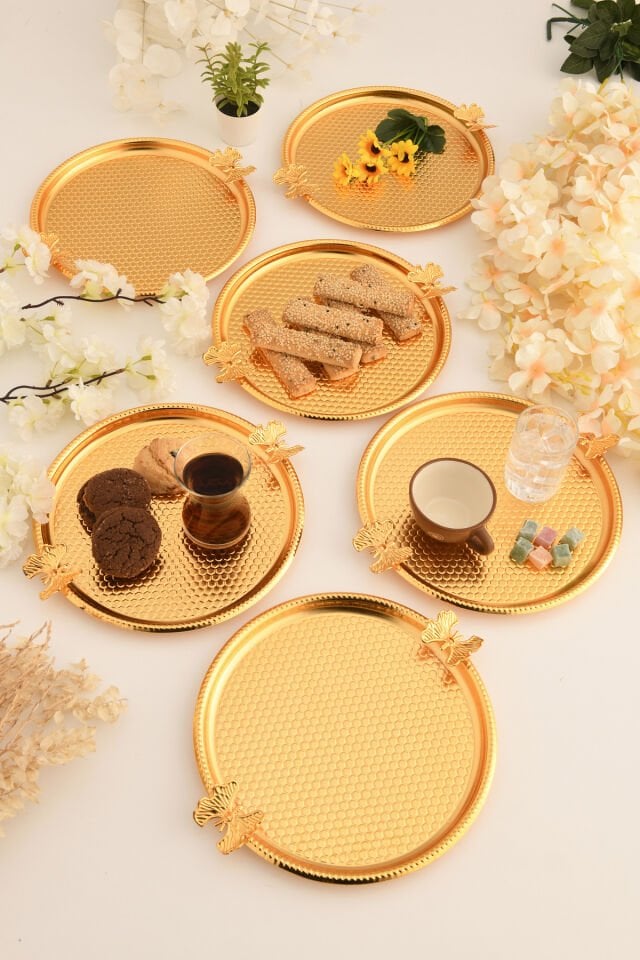 Iren Yuvarlak Petek Model Kelebek Detaylı Sunum Tepsisi Gold 6 Lı Takım