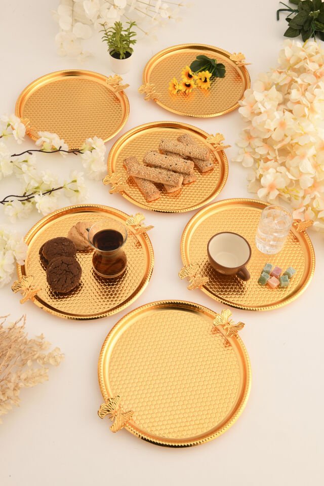 Iren Yuvarlak Petek Model Kelebek Detaylı Sunum Tepsisi Gold 6 Lı Takım