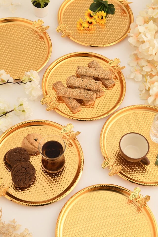 Iren Yuvarlak Petek Model Kelebek Detaylı Sunum Tepsisi Gold 6 Lı Takım