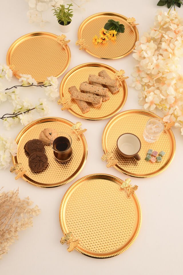 Iren Yuvarlak Petek Model Kelebek Detaylı Sunum Tepsisi Gold 6 Lı Takım