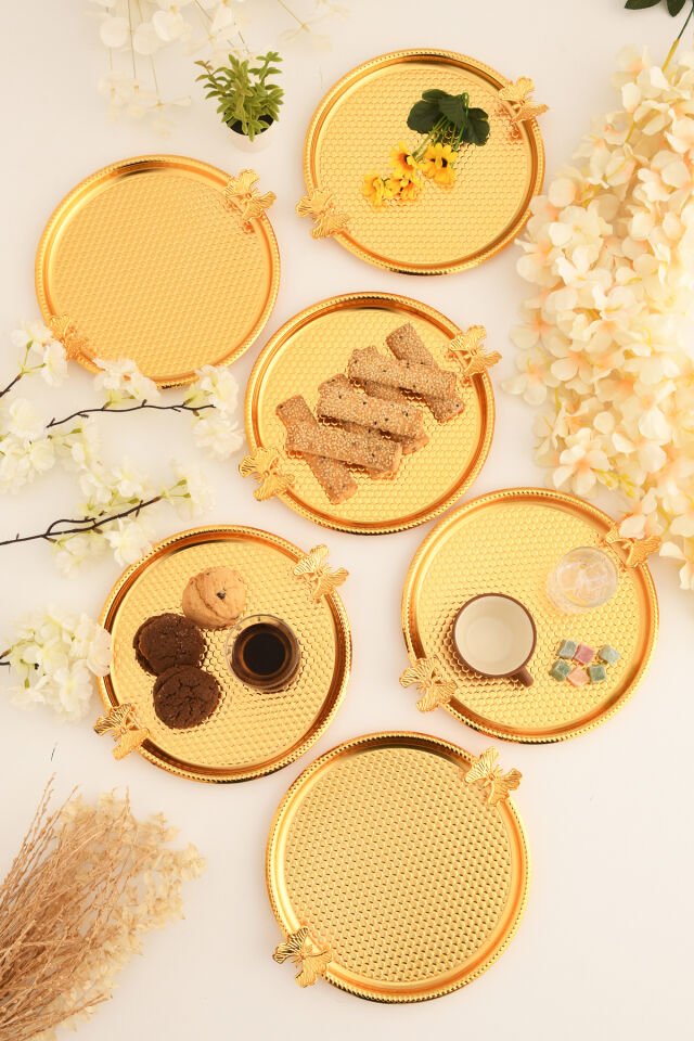 Iren Yuvarlak Petek Model Kelebek Detaylı Sunum Tepsisi Gold 6 Lı Takım