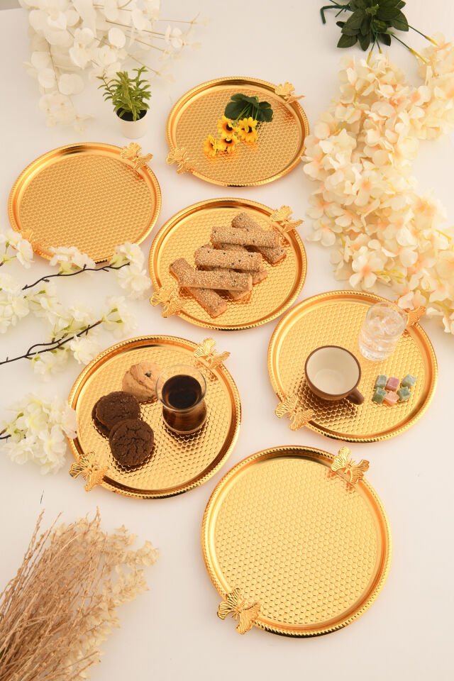 Iren Yuvarlak Petek Model Kelebek Detaylı Sunum Tepsisi Gold 6 Lı Takım