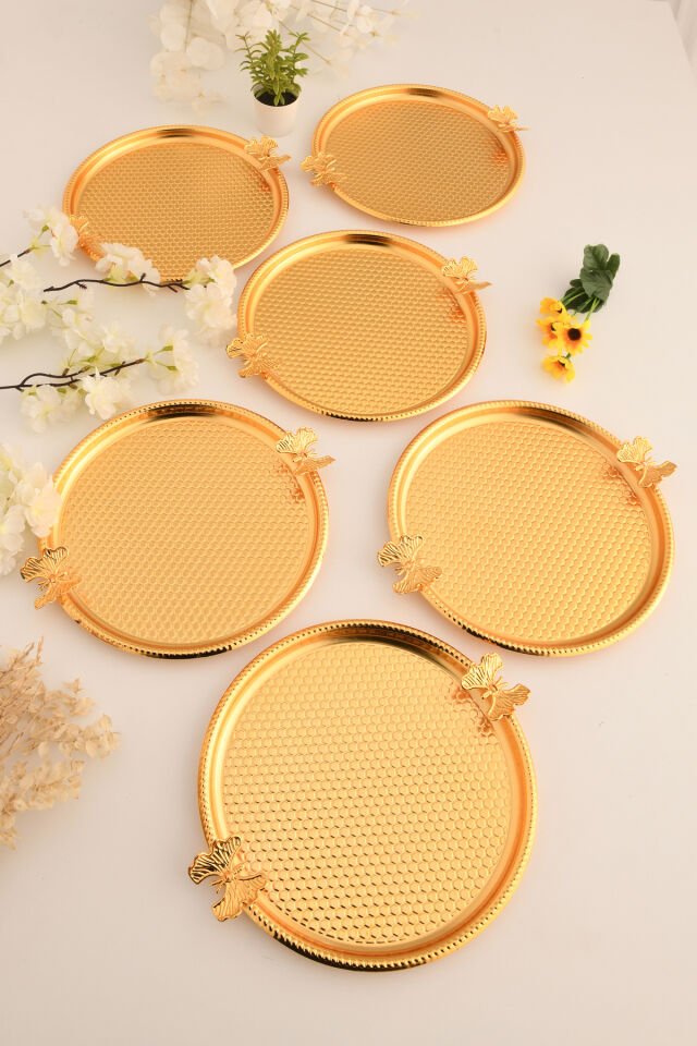 Iren Yuvarlak Petek Model Kelebek Detaylı Sunum Tepsisi Gold 6 Lı Takım