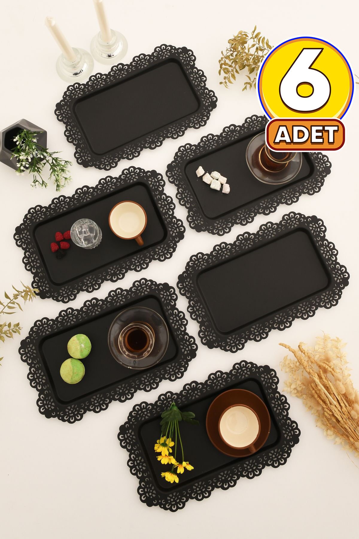 Waro 6 Lı Takım Dantel Desenli Siyah Sunum Tepsisi