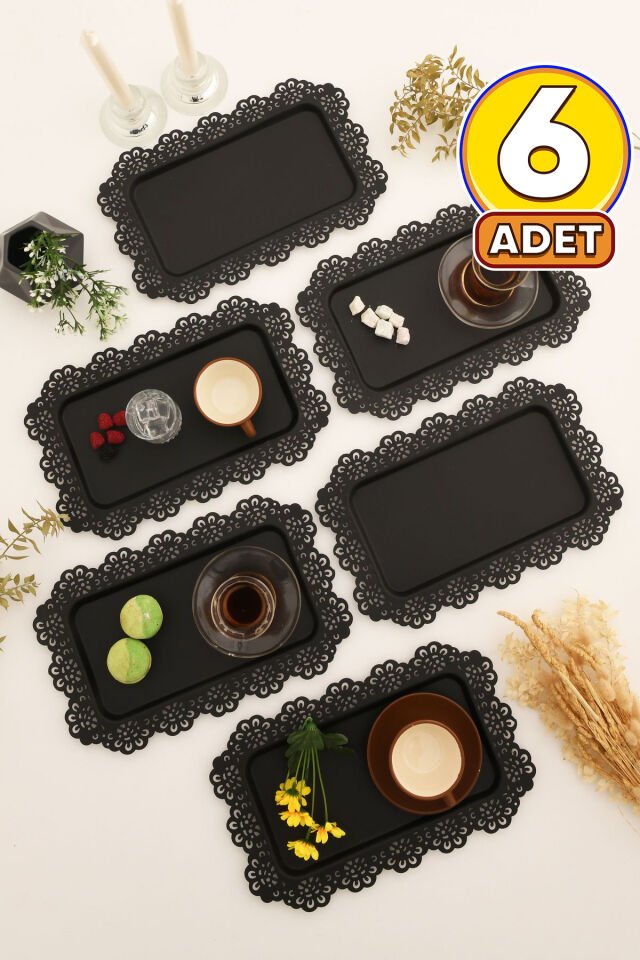 Waro 6 Lı Takım Dantel Desenli Siyah Sunum Tepsisi