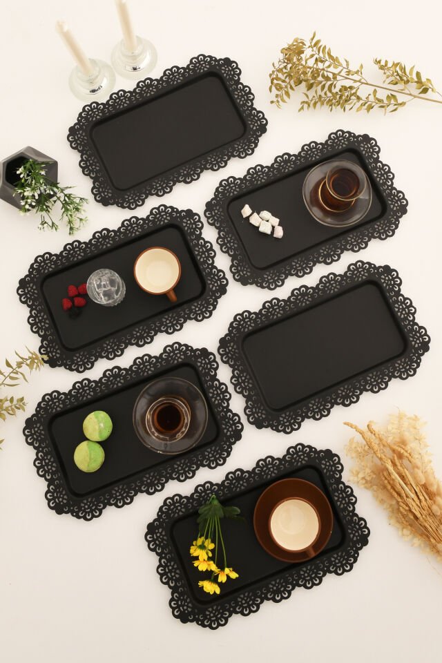 Waro 6 Lı Takım Dantel Desenli Siyah Sunum Tepsisi