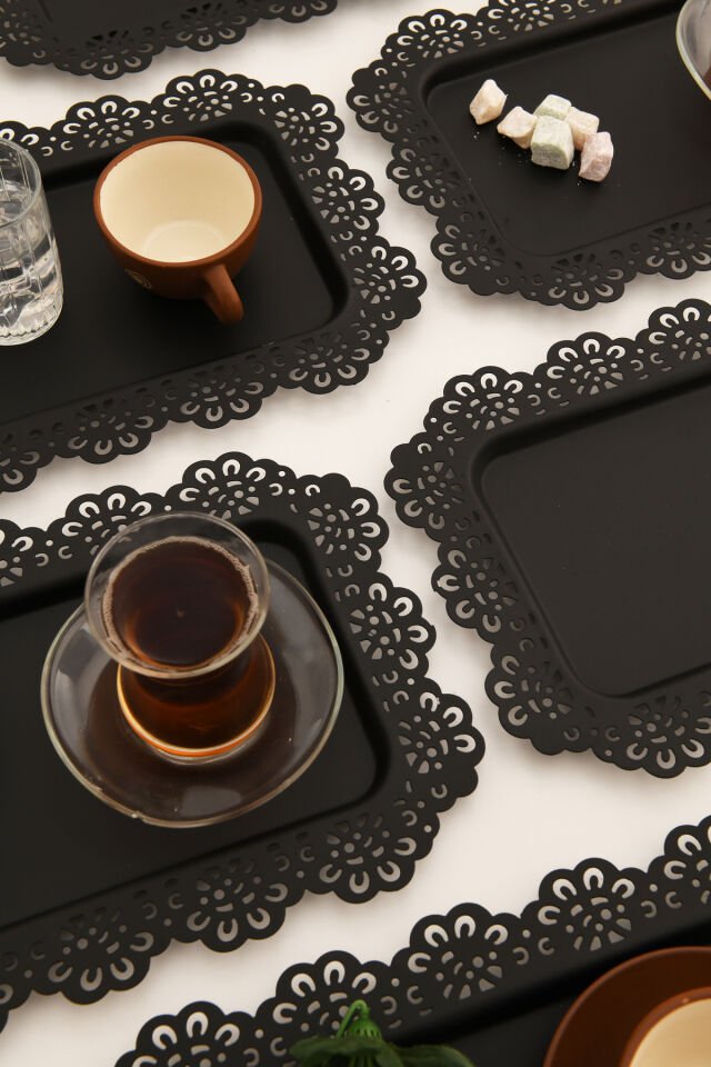 Waro 6 Lı Takım Dantel Desenli Siyah Sunum Tepsisi