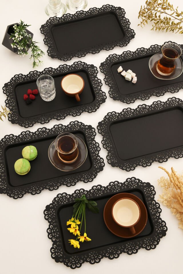 Waro 6 Lı Takım Dantel Desenli Siyah Sunum Tepsisi