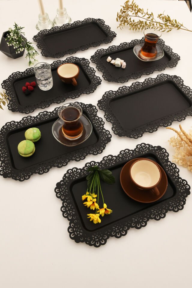 Waro 6 Lı Takım Dantel Desenli Siyah Sunum Tepsisi