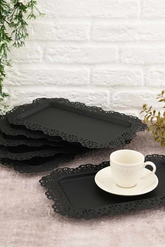 Waro 6 Lı Takım Dantel Desenli Siyah Sunum Tepsisi