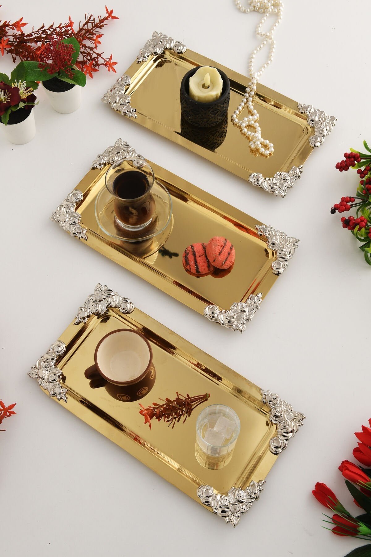 Molisi Gold 3'lü Gümüş Süs Detaylı Kayık Kahve Sunum Tepsisi Servis Çay Tepsisi Dekoratif Tepsi