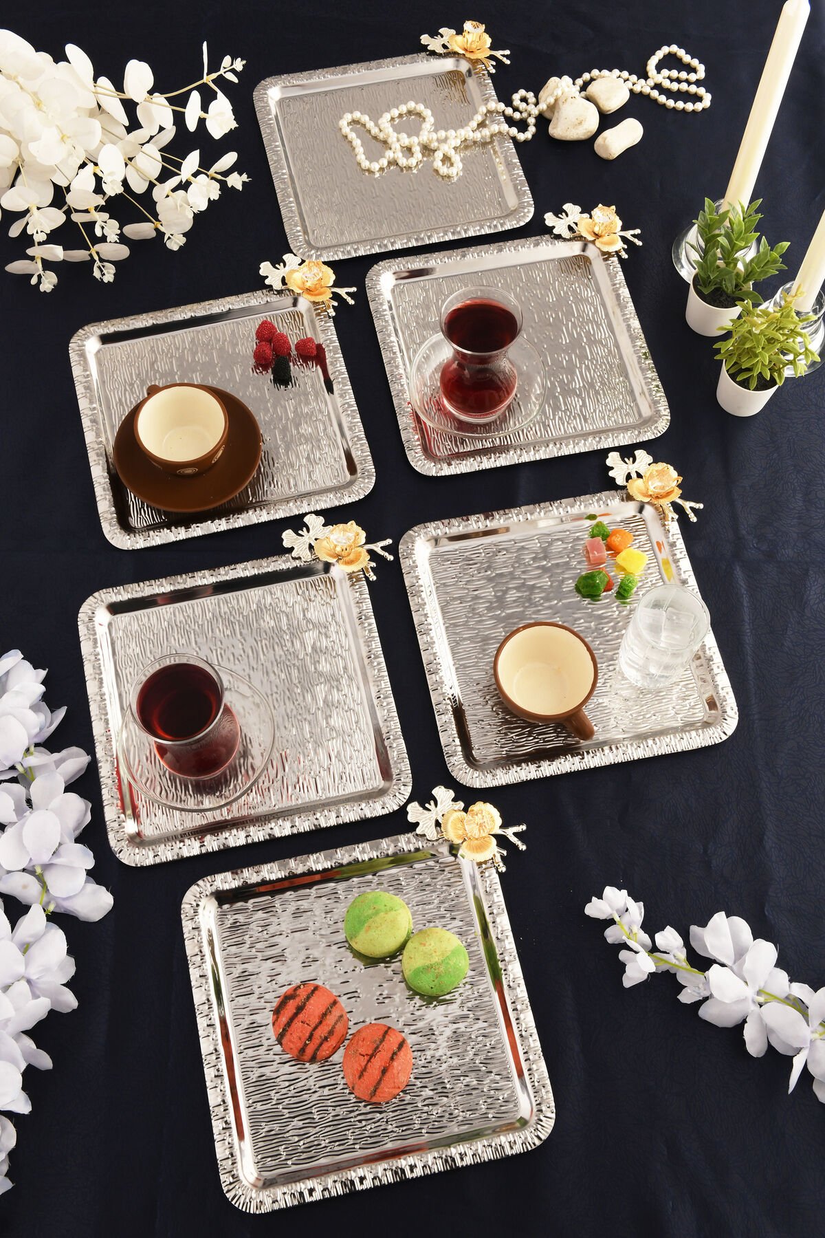 Oslo Gümüş Paslanmaz Desenli Kare Köşesi Kelebek Taş Detaylı 6'lı Kahve Çay Sunumluk Servis Tepsi