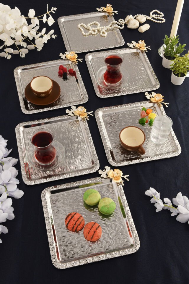 Oslo Gümüş Paslanmaz Desenli Kare Köşesi Kelebek Taş Detaylı 6'lı Kahve Çay Sunumluk Servis Tepsi