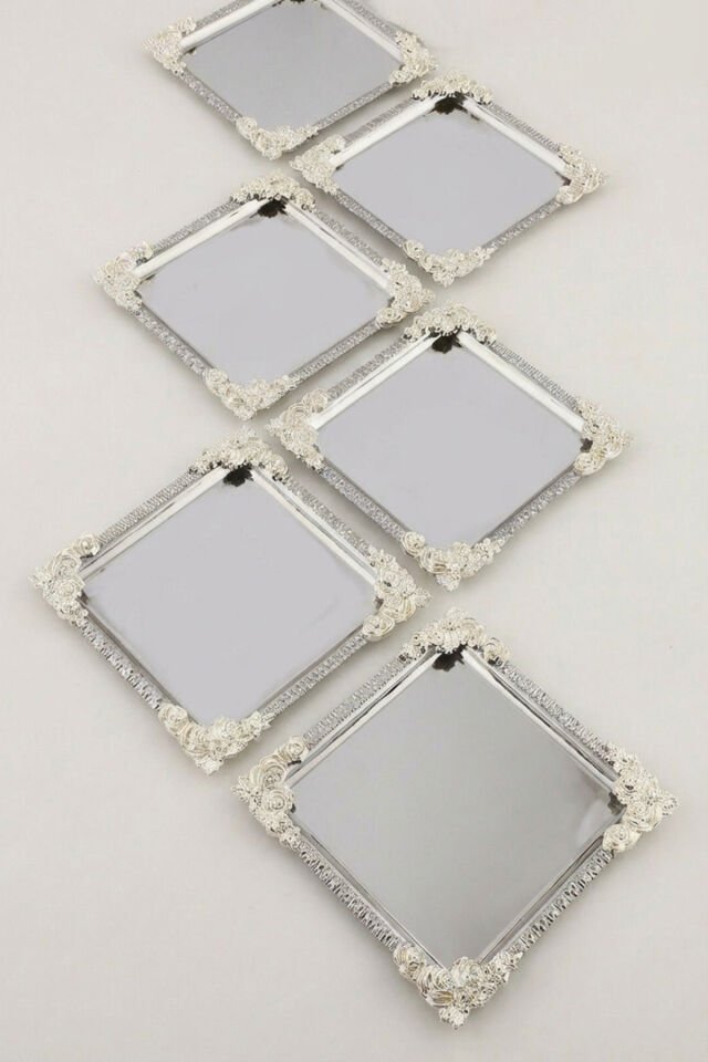 ALVE Gümüş Çerçeveli Gümüş Çiçek Desenli Paslanmaz 6'lı Dekoratif Kare Sunumluk Tepsi