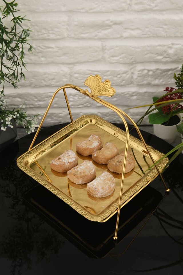 Mile Lüks Gold Paslanmaz Metal Sunum ve Servis Tepsisi Desenli Dekoratif Ayaklı İkramlık Tepsi