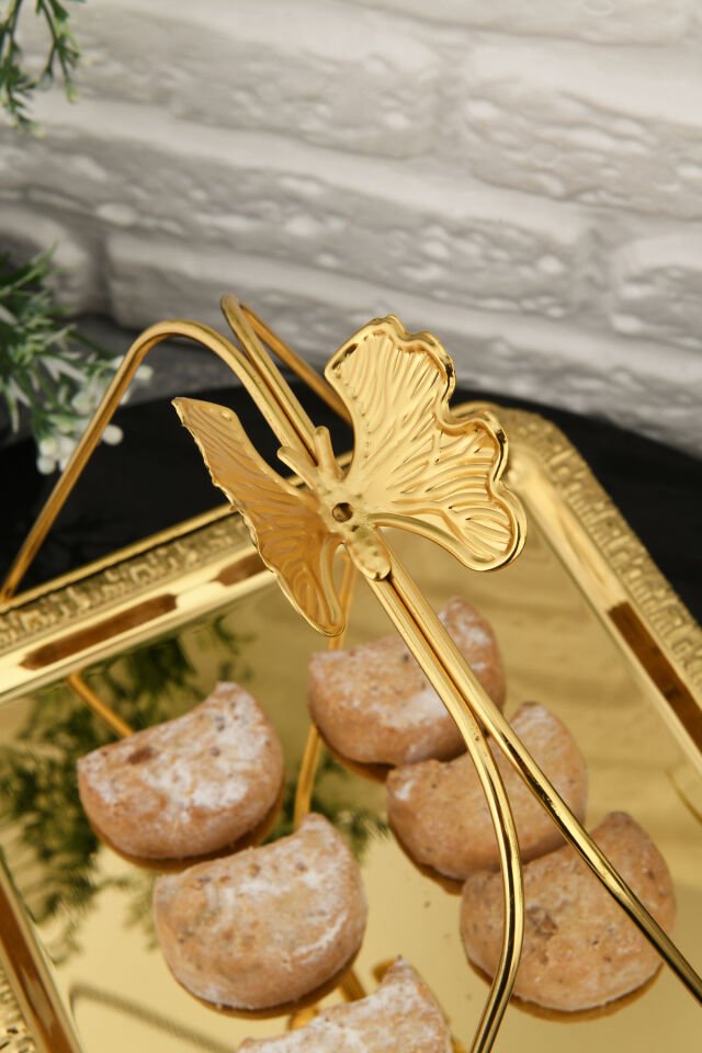 Mile Lüks Gold Paslanmaz Metal Sunum ve Servis Tepsisi Desenli Dekoratif Ayaklı İkramlık Tepsi