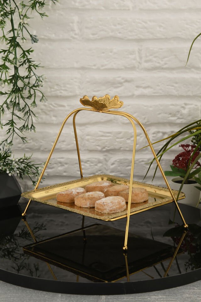 Mile Lüks Gold Paslanmaz Metal Sunum ve Servis Tepsisi Desenli Dekoratif Ayaklı İkramlık Tepsi
