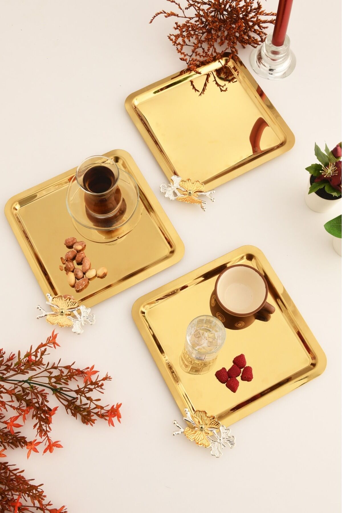 Nesto Paslanmaz Kare Kelebek Detaylı Sunum Tepsisi Gold 3 Lü Takım
