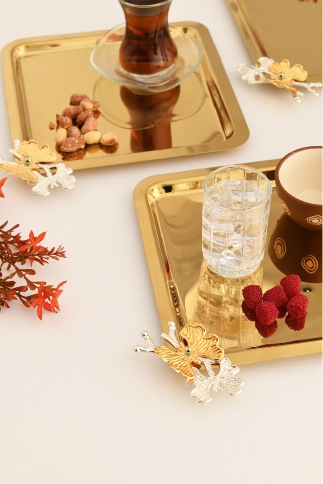 Nesto Paslanmaz Kare Kelebek Detaylı Sunum Tepsisi Gold 3 Lü Takım