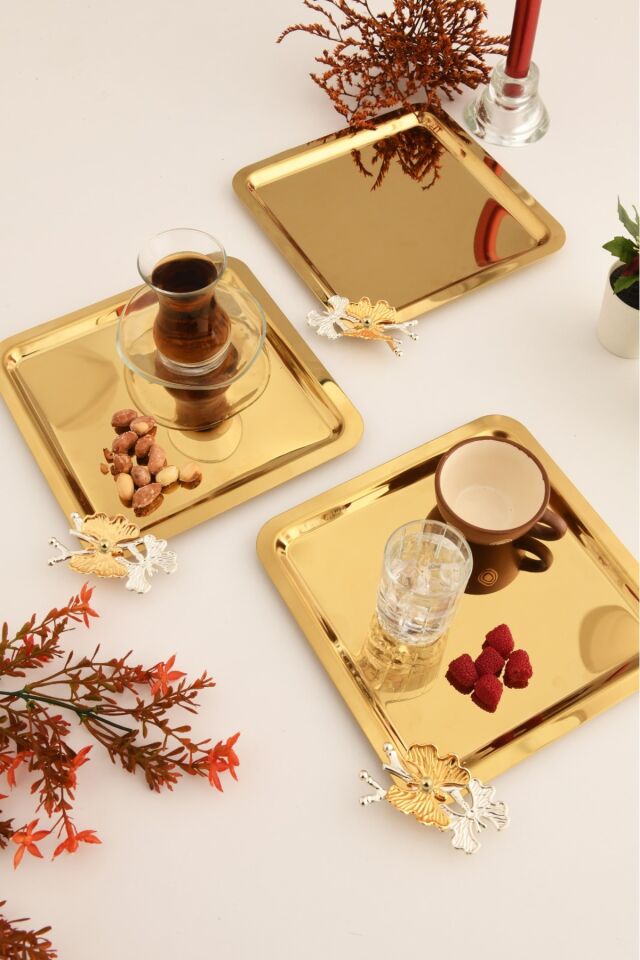 Nesto Paslanmaz Kare Kelebek Detaylı Sunum Tepsisi Gold 3 Lü Takım