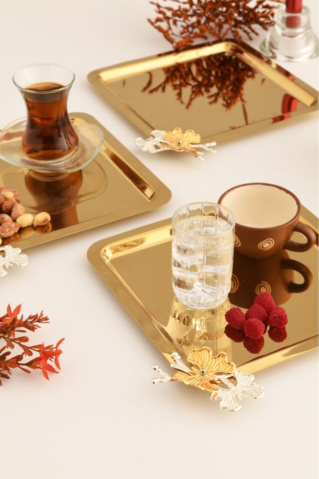 Nesto Paslanmaz Kare Kelebek Detaylı Sunum Tepsisi Gold 3 Lü Takım