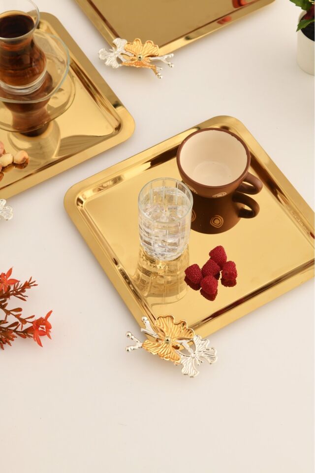 Nesto Paslanmaz Kare Kelebek Detaylı Sunum Tepsisi Gold 3 Lü Takım