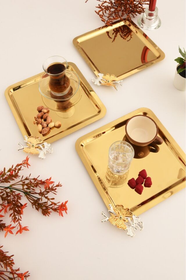 Nesto Paslanmaz Kare Kelebek Detaylı Sunum Tepsisi Gold 3 Lü Takım