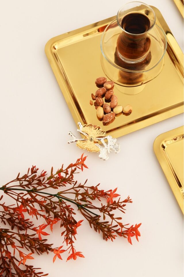 Nesto Paslanmaz Kare Kelebek Detaylı Sunum Tepsisi Gold 3 Lü Takım