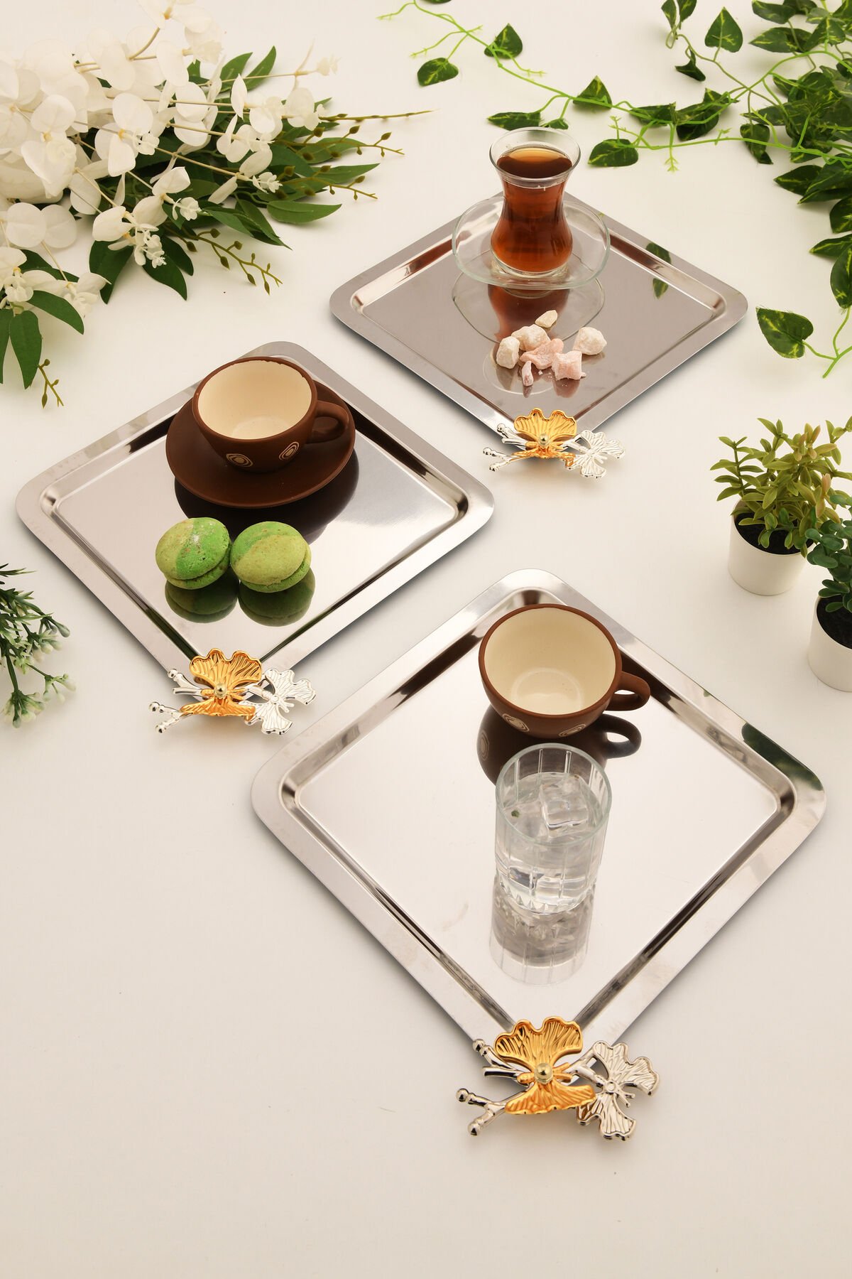 Nesto Paslanmaz Kare Kelebek Detaylı Sunum Tepsisi Gümüş 3 Lü Takım