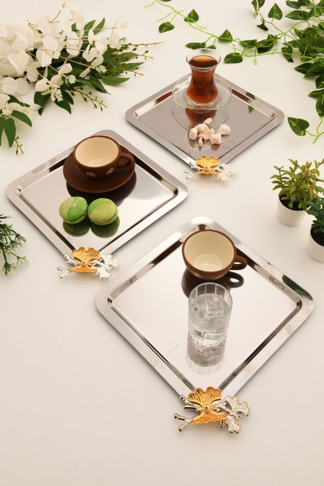 Nesto Paslanmaz Kare Kelebek Detaylı Sunum Tepsisi Gümüş 3 Lü Takım