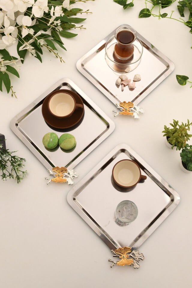 Nesto Paslanmaz Kare Kelebek Detaylı Sunum Tepsisi Gümüş 3 Lü Takım