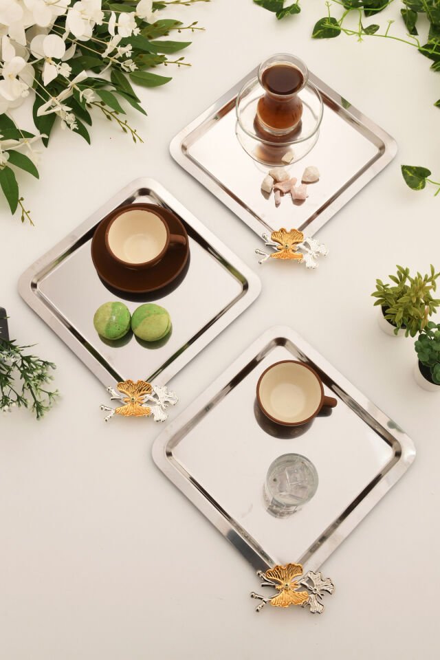 Nesto Paslanmaz Kare Kelebek Detaylı Sunum Tepsisi Gümüş 3 Lü Takım