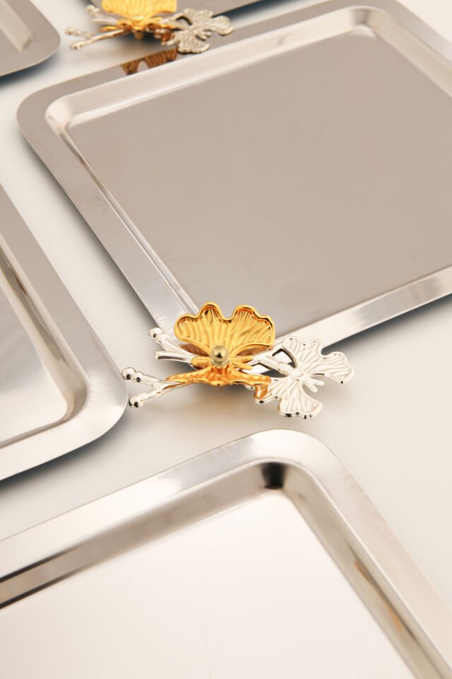 Nesto Paslanmaz Kare Kelebek Detaylı Sunum Tepsisi Gümüş 3 Lü Takım