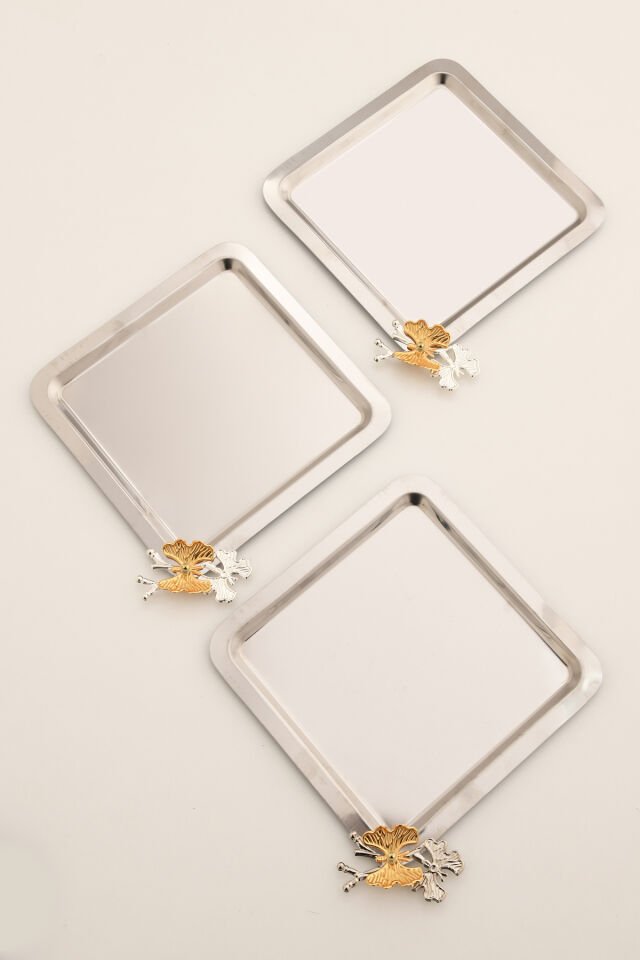 Nesto Paslanmaz Kare Kelebek Detaylı Sunum Tepsisi Gümüş 3 Lü Takım