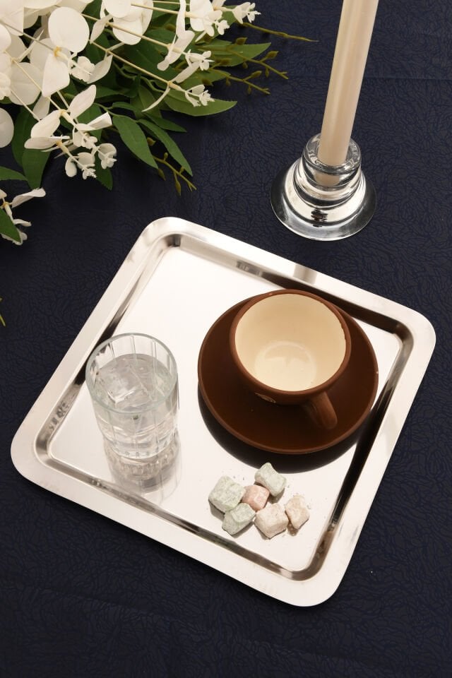 Orlen Tekli Paslanmaz Çelik Kahve Sunum Tepsisi Servis Çay Tepsisi Dekoratif Tepsi