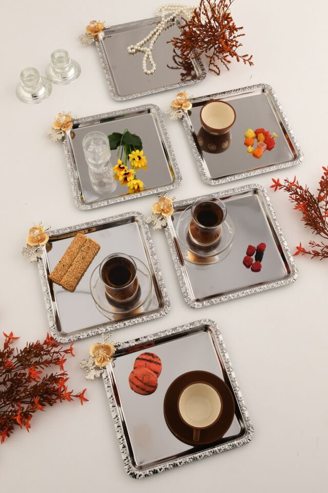 Volis Paslanmaz Çelik 6'lı Desenli Kelebek Kristal Taş Detaylı Kahve Servis Sunum Tepsisi Gümüş