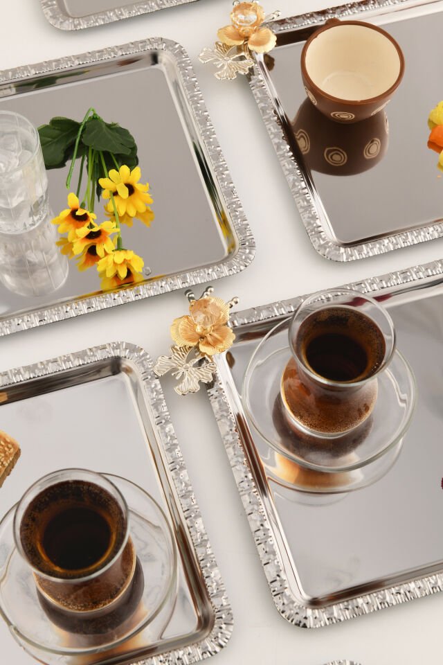 Volis Paslanmaz Çelik 6'lı Desenli Kelebek Kristal Taş Detaylı Kahve Servis Sunum Tepsisi Gümüş
