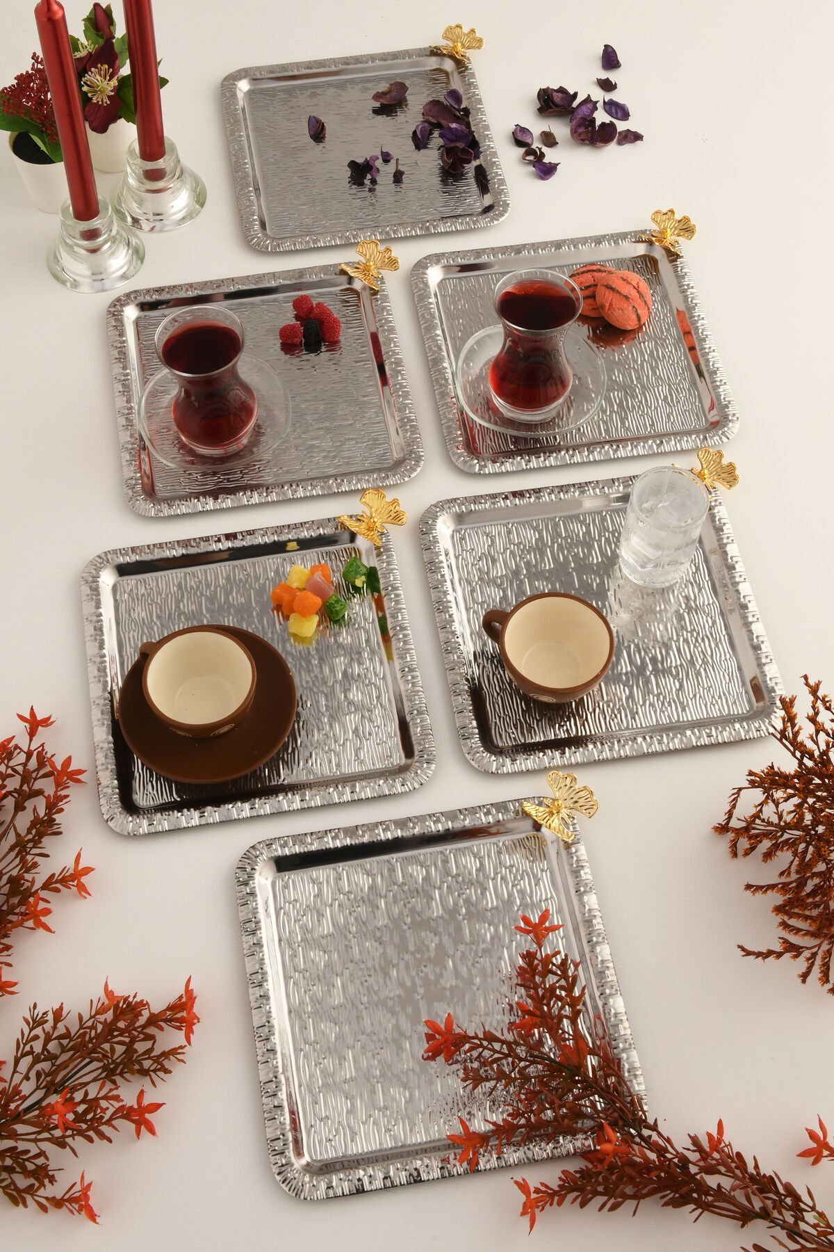 Dolce Gümüş Paslanmaz Desenli Kare Köşesi Tek Kelebek Detaylı 6'lı Kahve Çay Sunumluk Servis Tepsi