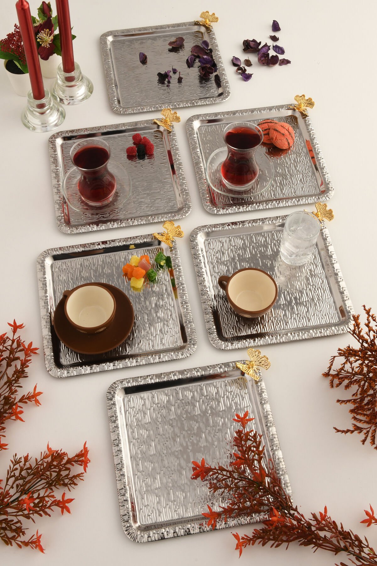 Dolce Gümüş Paslanmaz Desenli Kare Köşesi Tek Kelebek Detaylı 6'lı Kahve Çay Sunumluk Servis Tepsi