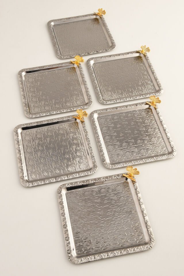 Dolce Gümüş Paslanmaz Desenli Kare Köşesi Tek Kelebek Detaylı 6'lı Kahve Çay Sunumluk Servis Tepsi